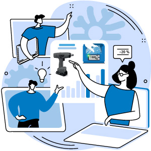 blaue Illustration Online Webinar Digitalisierung der Montage